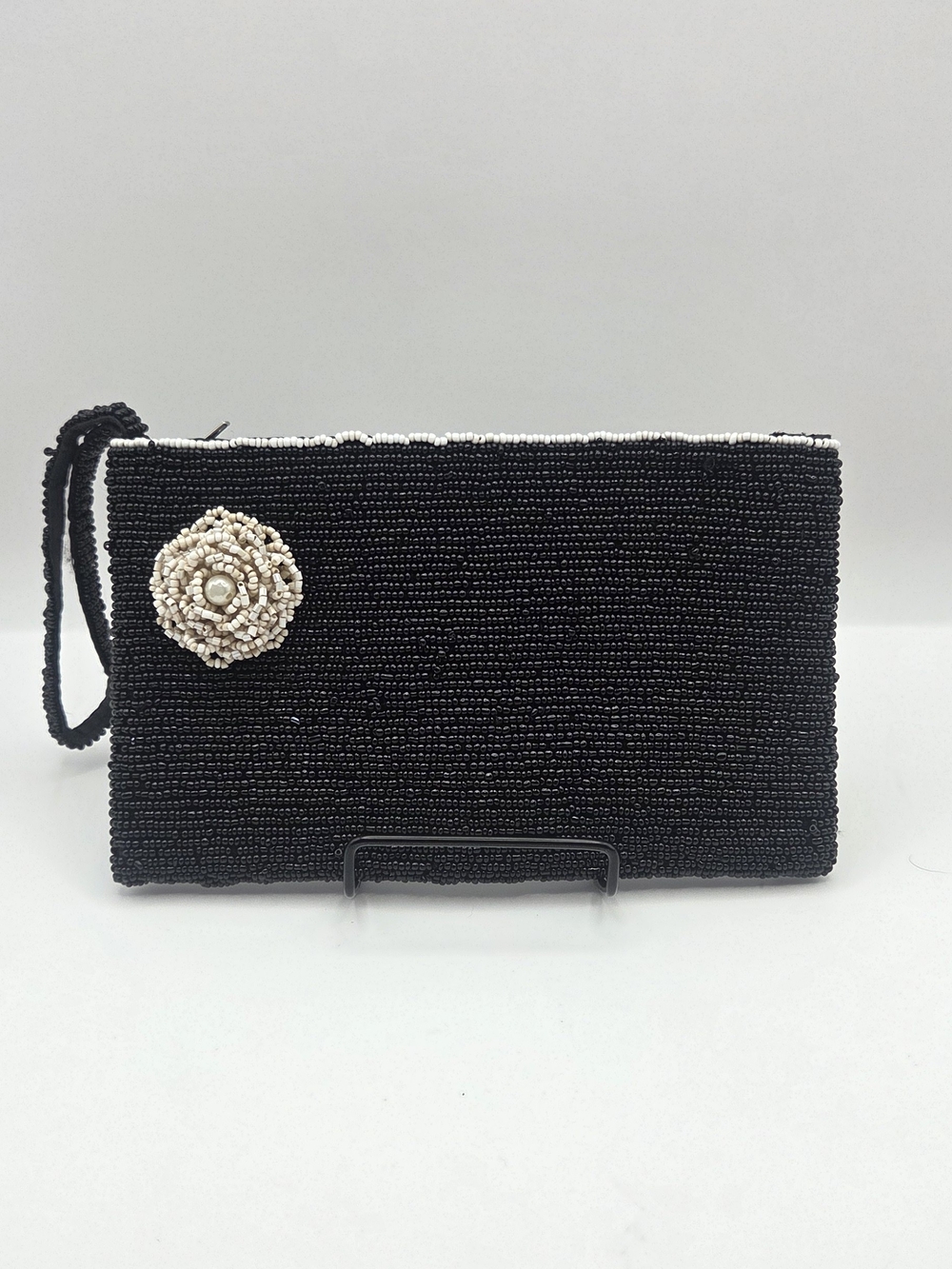 Black Beaded Wristlet Clutch with Ivory Flower Accent